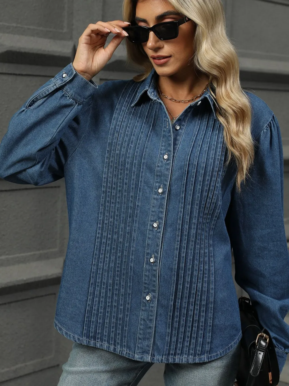 Button Down Collared Neck Long Sleeve Denim Top, image 7