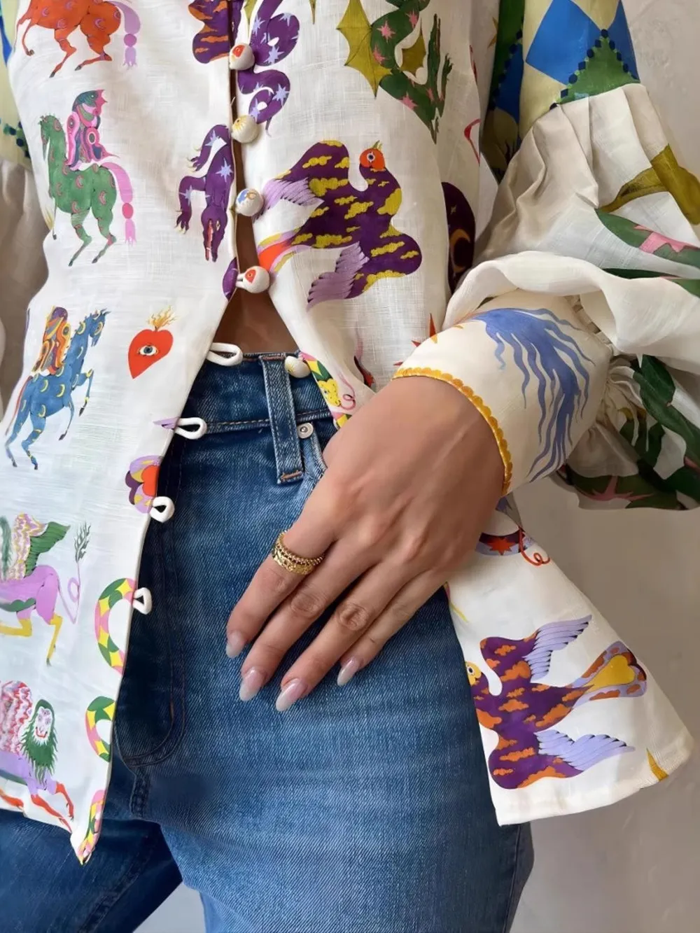 Printed Button Up Lantern Sleeve Shirt, image 3