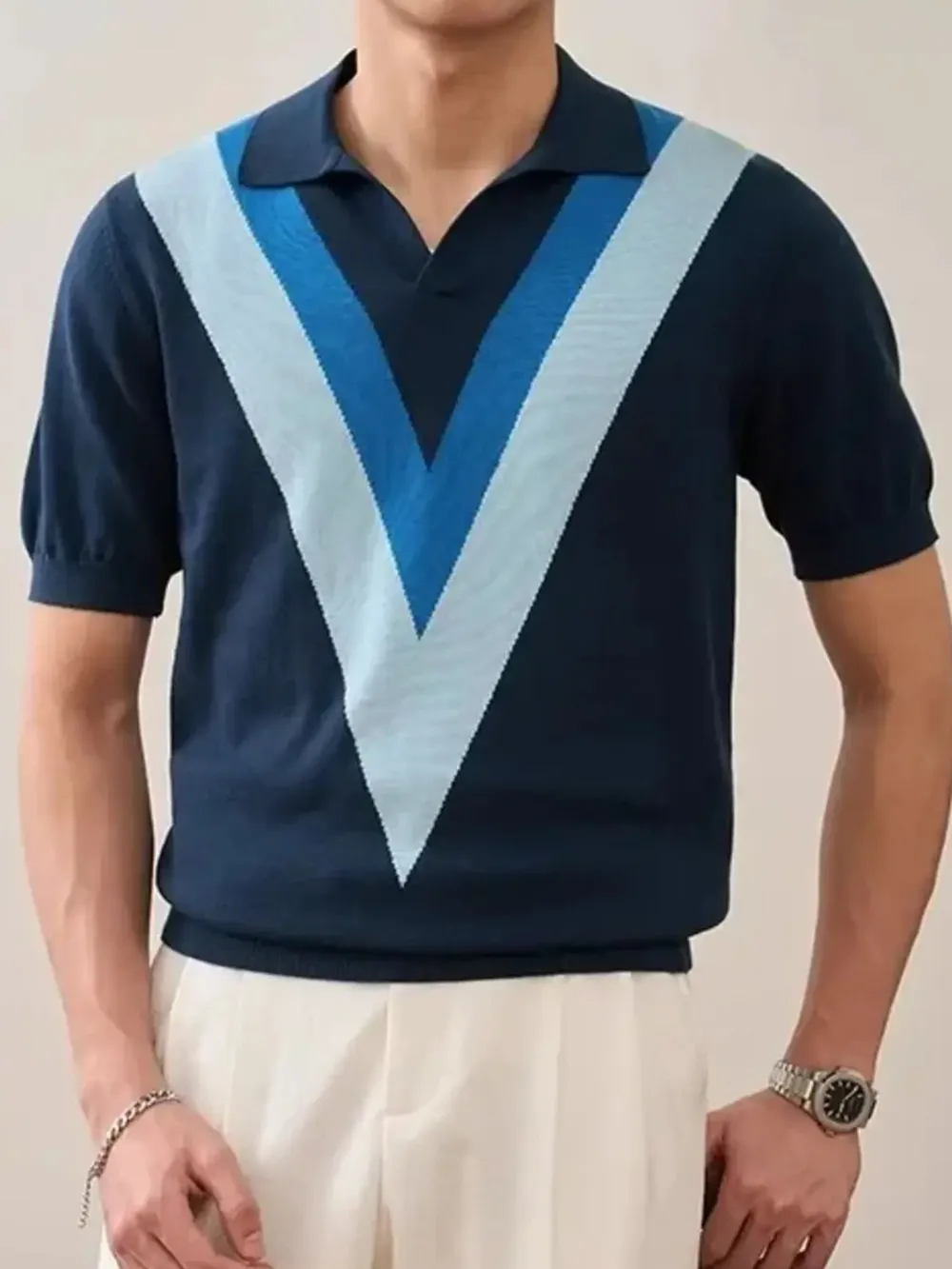 Men's Plus Size V-Pattern Contrast Knit Polo Shirt, image 9