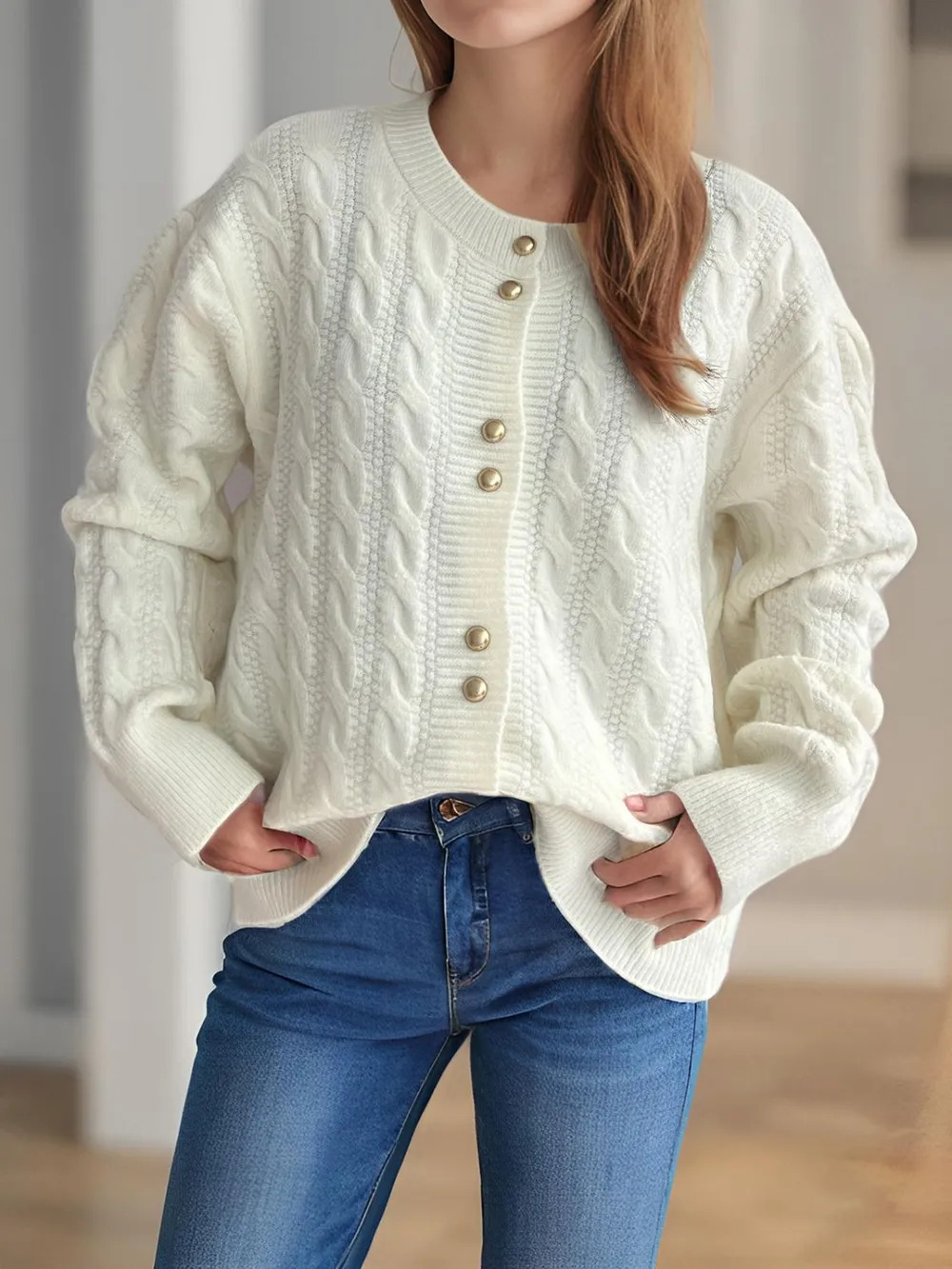 Cable-Knit Round Neck Long Sleeve Cardigan, image 4