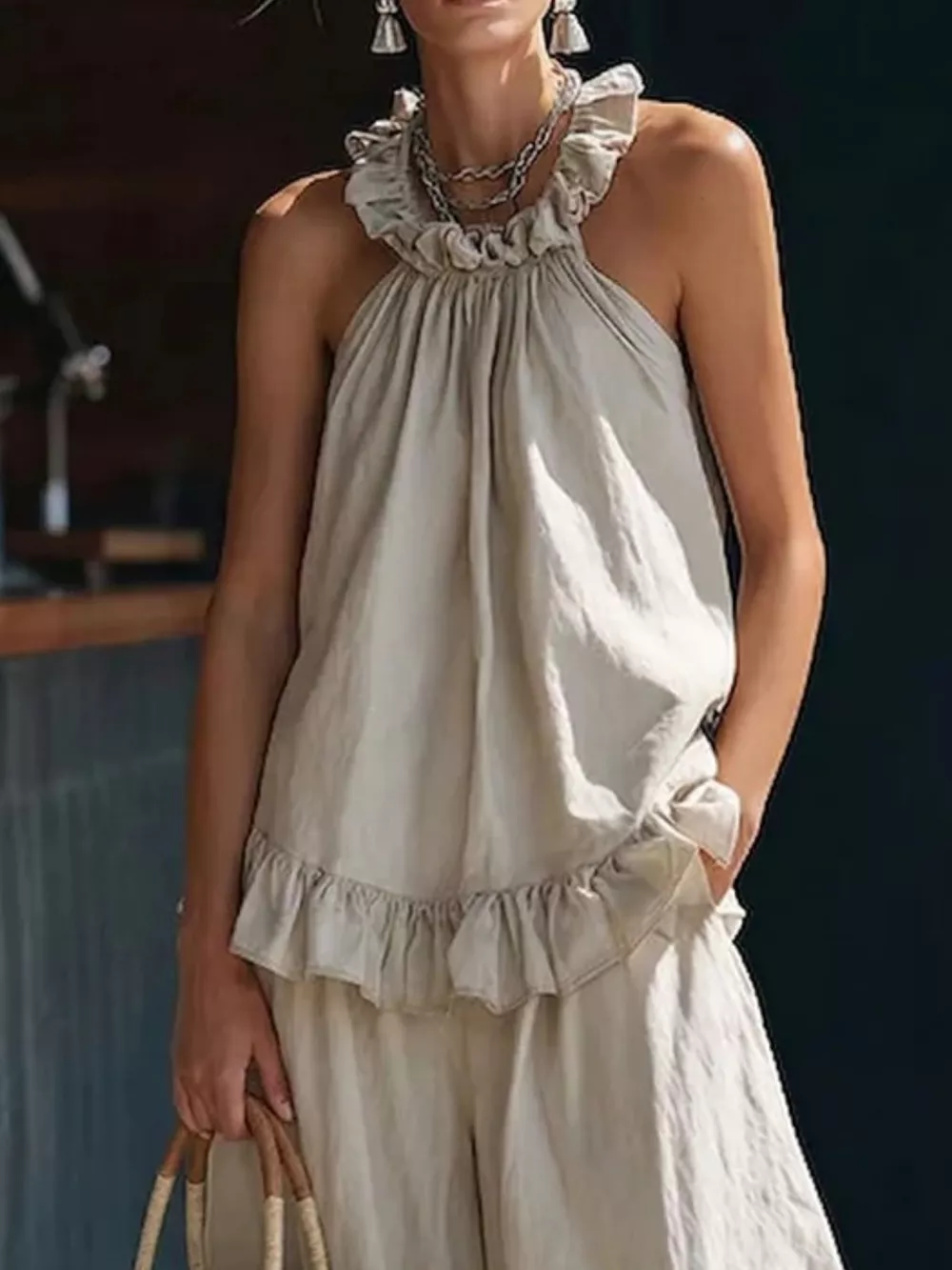 Full Size Ruffled Halter Neck Top and Wide-Leg Pants Set Plus Size, image 4