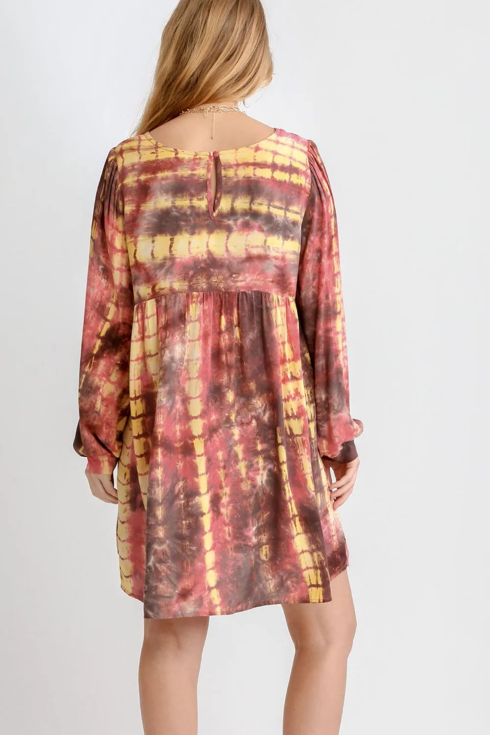 Full Size Tie Dye Long Sleeve Babydoll Dress with Keyhole Plus Size, image 5