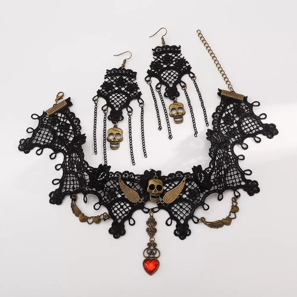 Halloween Lace Skull Necklace and Earrings Jewelry Set, image 5