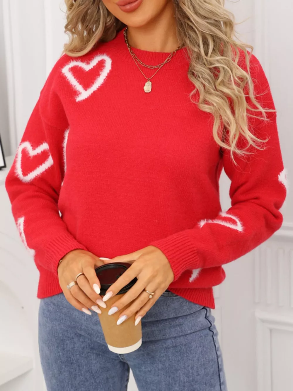Valentine's Day Heart Print Crew Neck Sweater, image 4