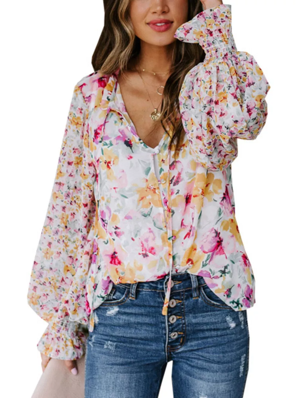 Full Size Floral Print Smocked Cuff Blouse Plus Size, image 2