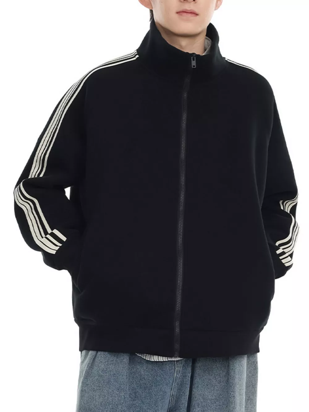 Men's Plus Size Striped Sleeve Zip-Up Sweatshirt
