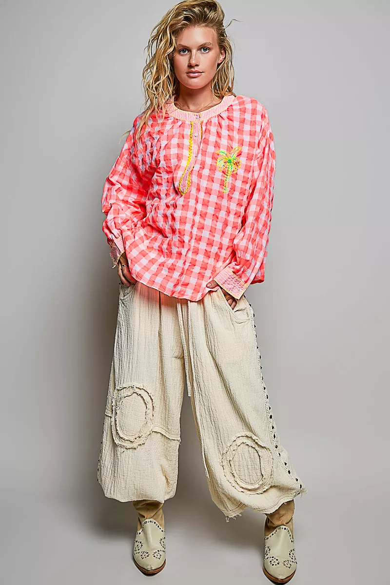 POL Gingham Embroidered Palm Tree Blouse, image 5