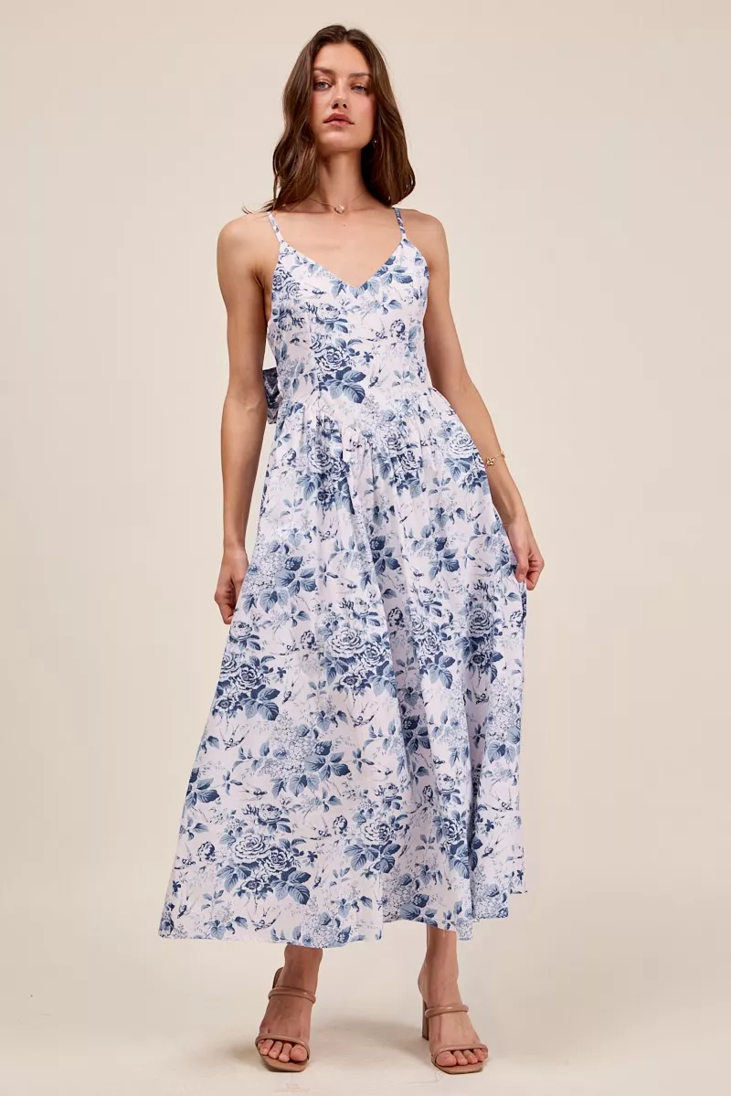 Floral Woven V Neck Dress With Back Ribbon Tie