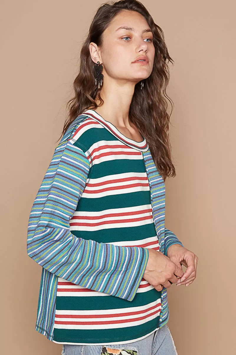 Color Block Striped Round Neck Long Sleeve T-Shirt, image 3