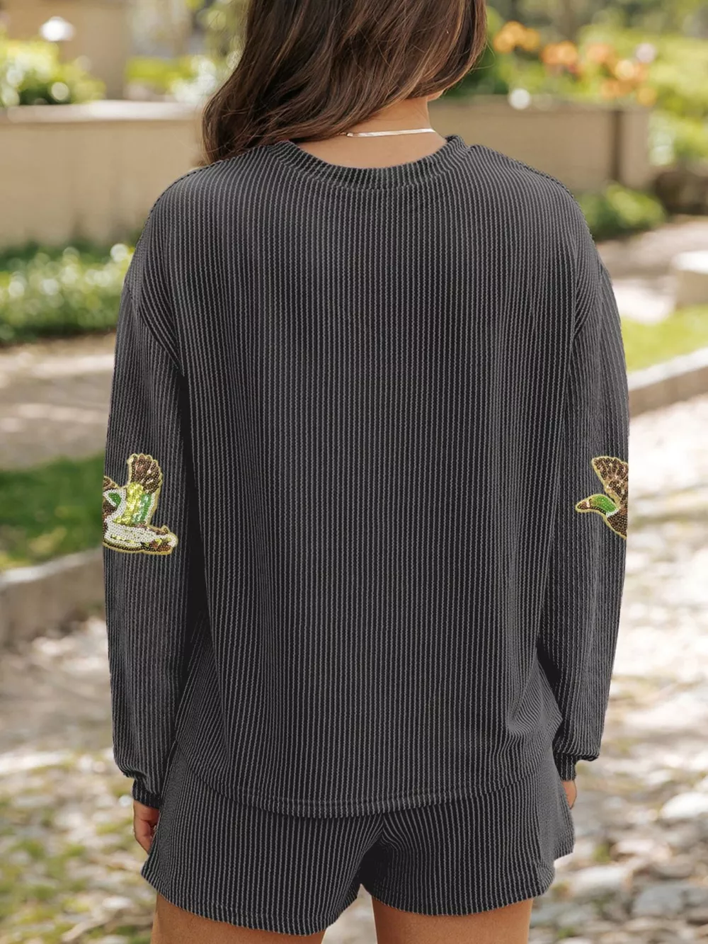 Flying Mallard Sequin Patched Ribbed Long Sleeve Top and Shorts Set, image 2