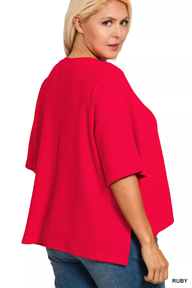 Full Size Double Knit Side Slits Hi Low Short Sleeve Top Plus Size, image 3
