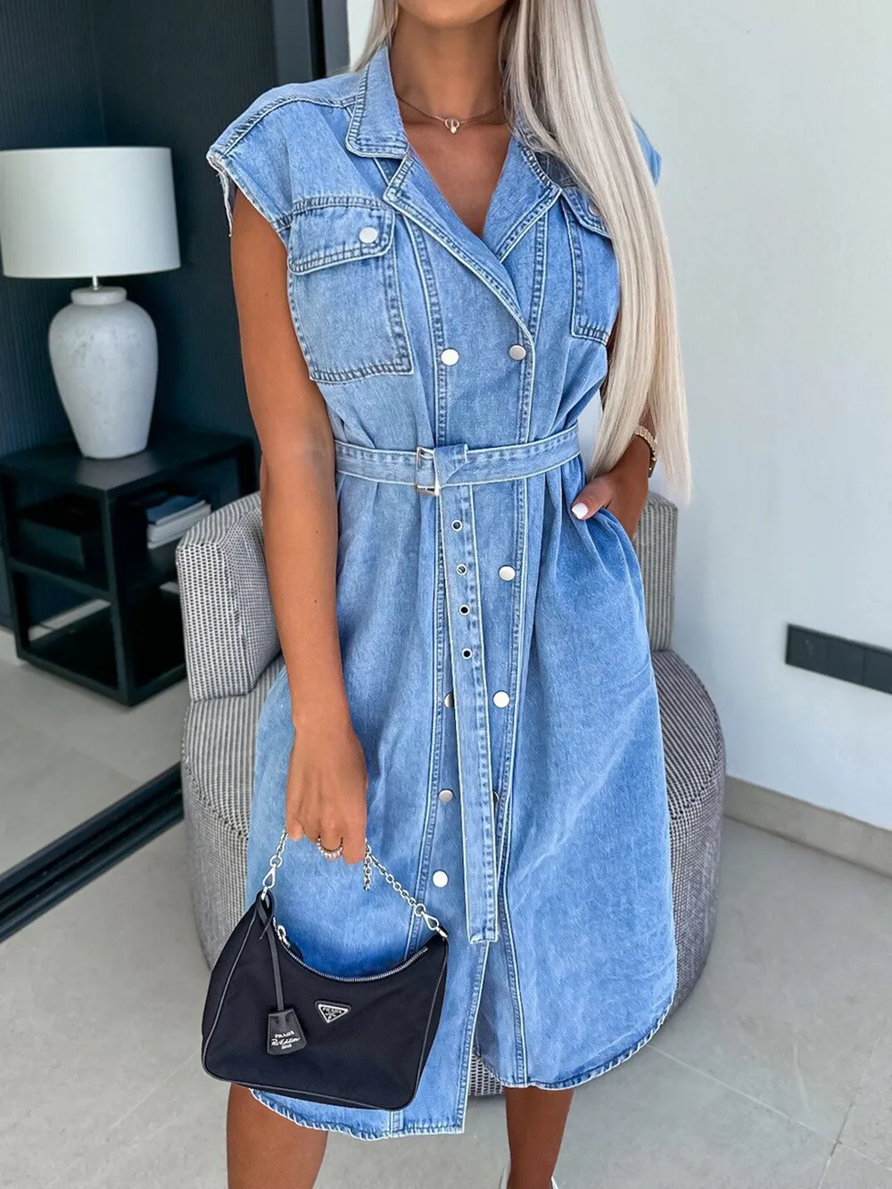 Collared Neck Cap Sleeve Denim Dress, image 8