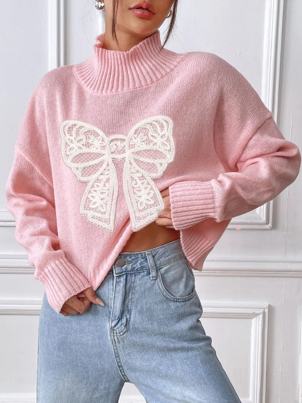 Bow Turtleneck Long Sleeve Sweater, image 6