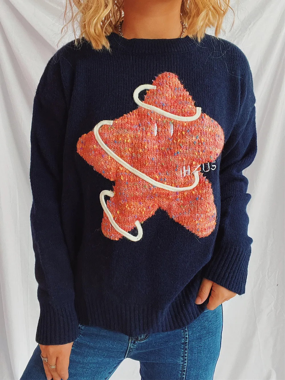 Contrast Star Round Neck Long Sleeve Sweater, image 7