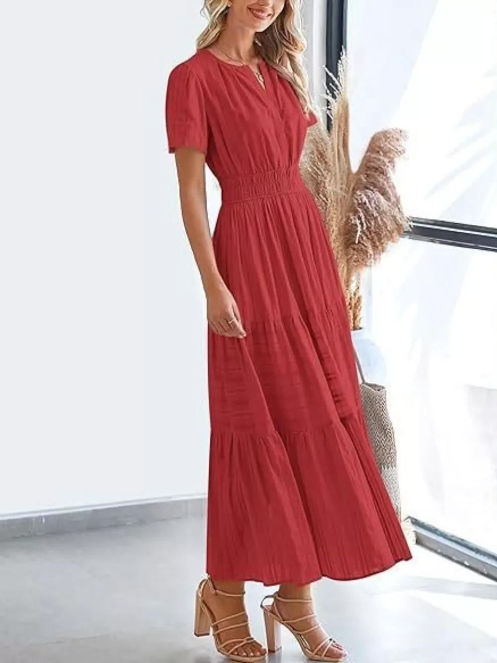 Notched Short Sleeve Tiered Dress, image 17