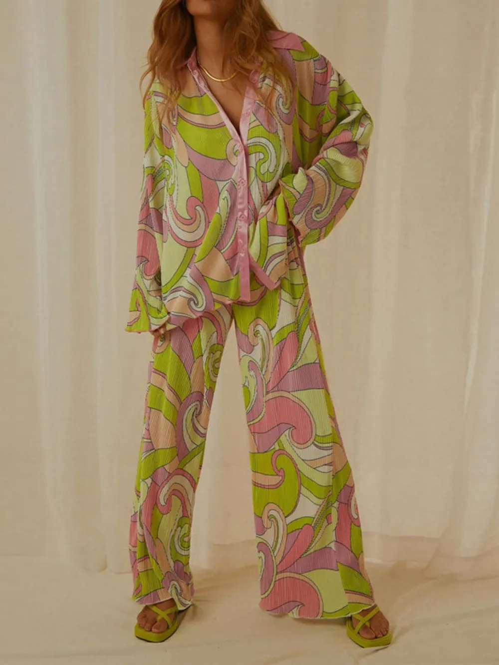 Printed Button Up Shirt and Pants Set, image 2