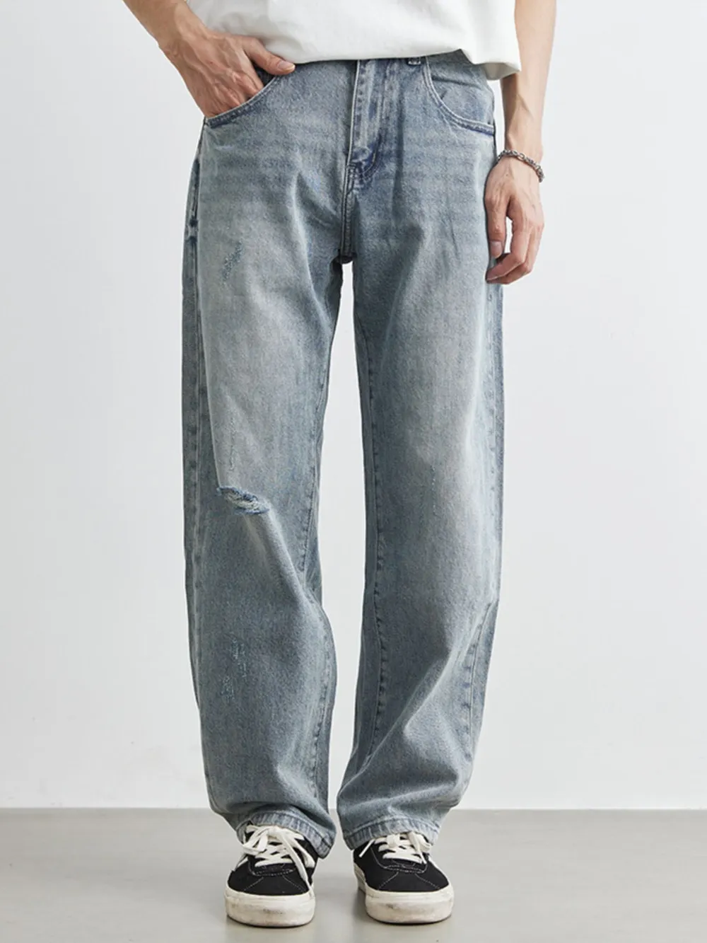 Men's Washed Wide Leg Distressed Jeans, image 2