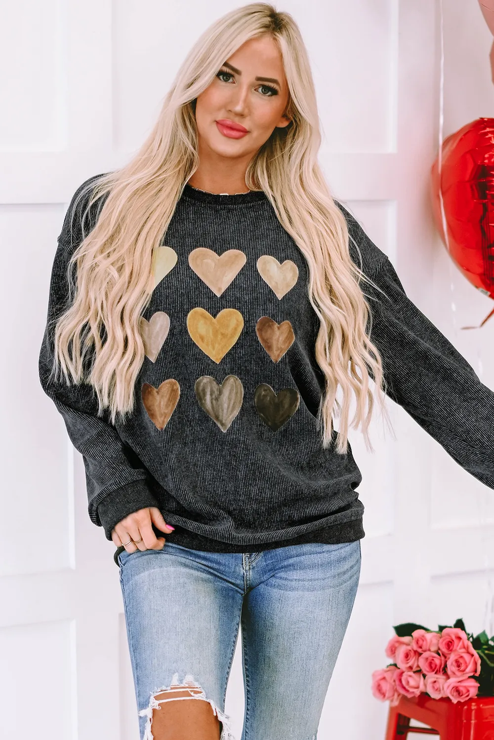 Heart Round Neck Dropped Shoulder Sweatshirt, image 7