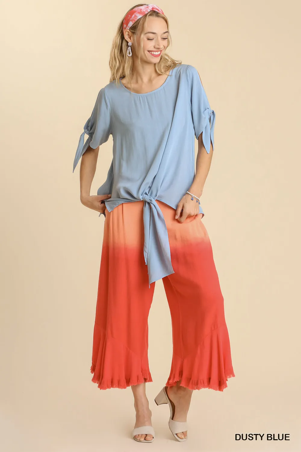 Cold Shoulder Short Sleeve Round Neck Top with Side Slits and Tie-able Knot Details, image 4