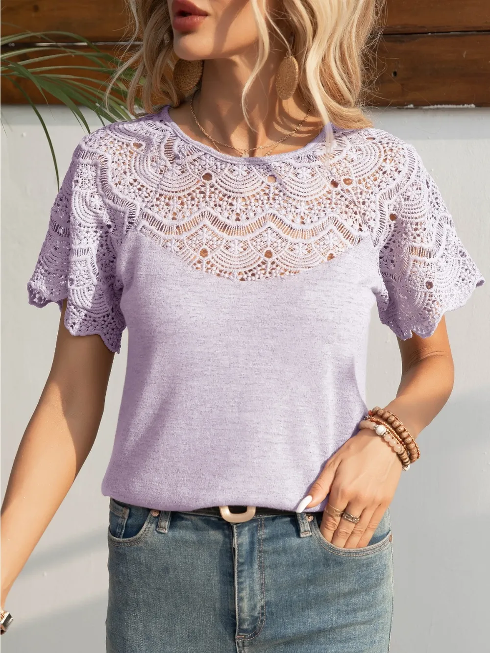 Round Neck Short Sleeve Crochet Top