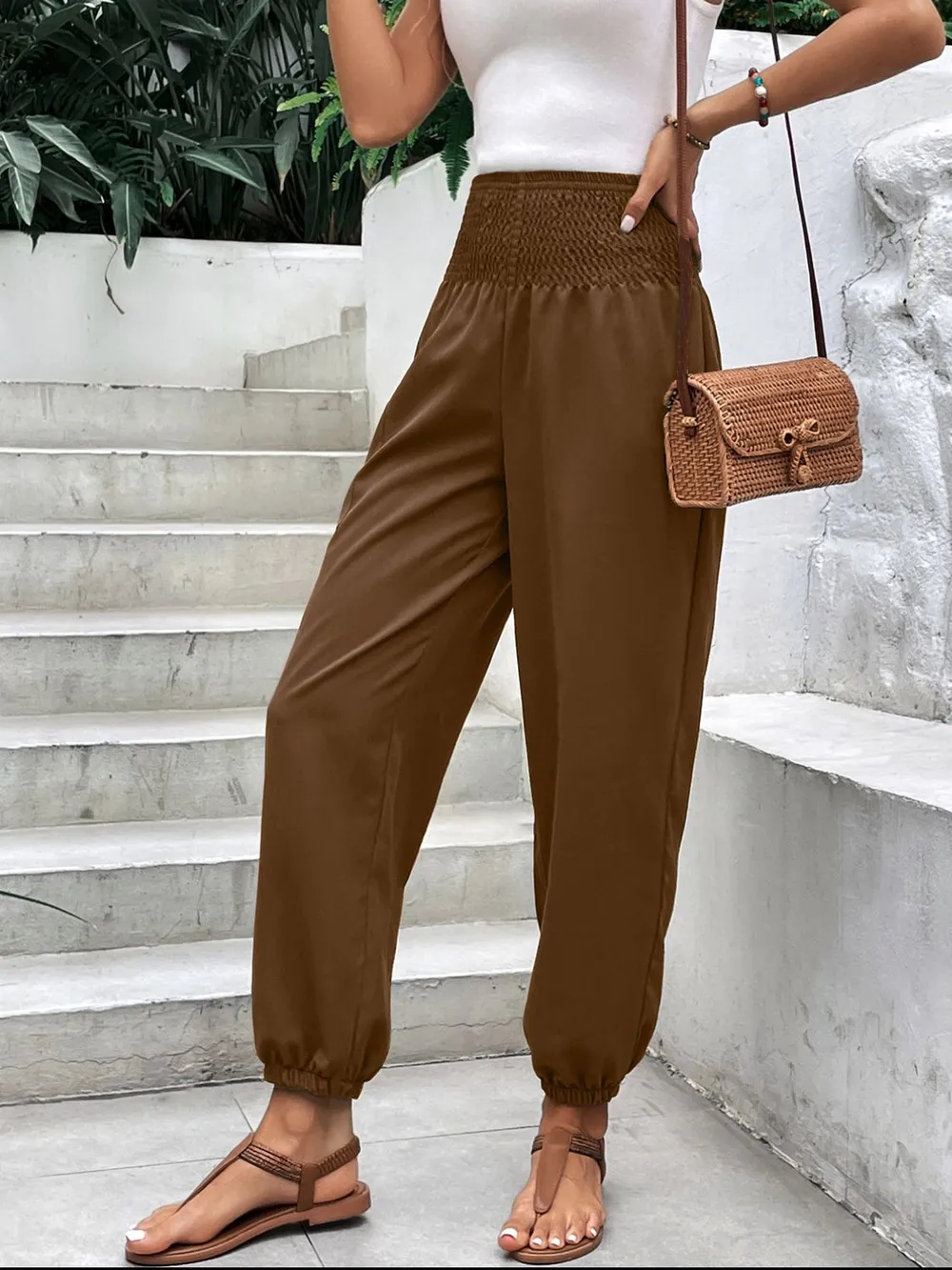 Smocked High Rise Joggers with Pockets, image 10
