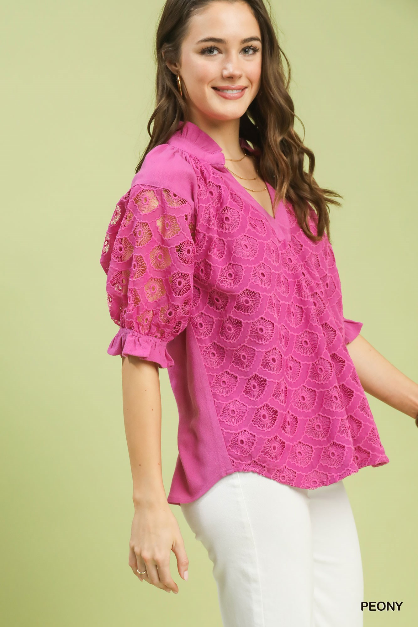 Linen V-Neck Lace Puff Sleeve Top, image 2