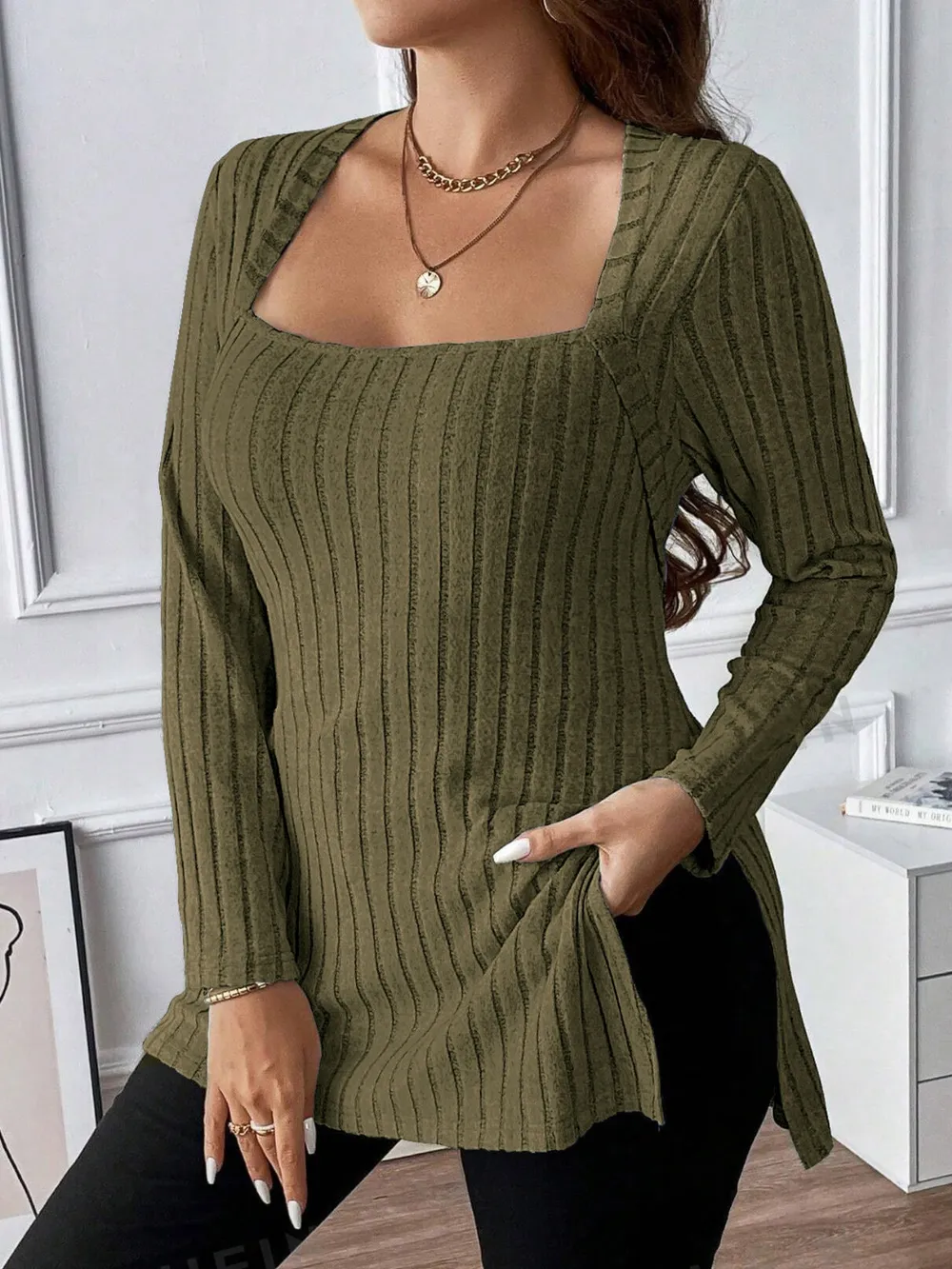 Plus Size Square Neck Long Sleeve Top, image 10
