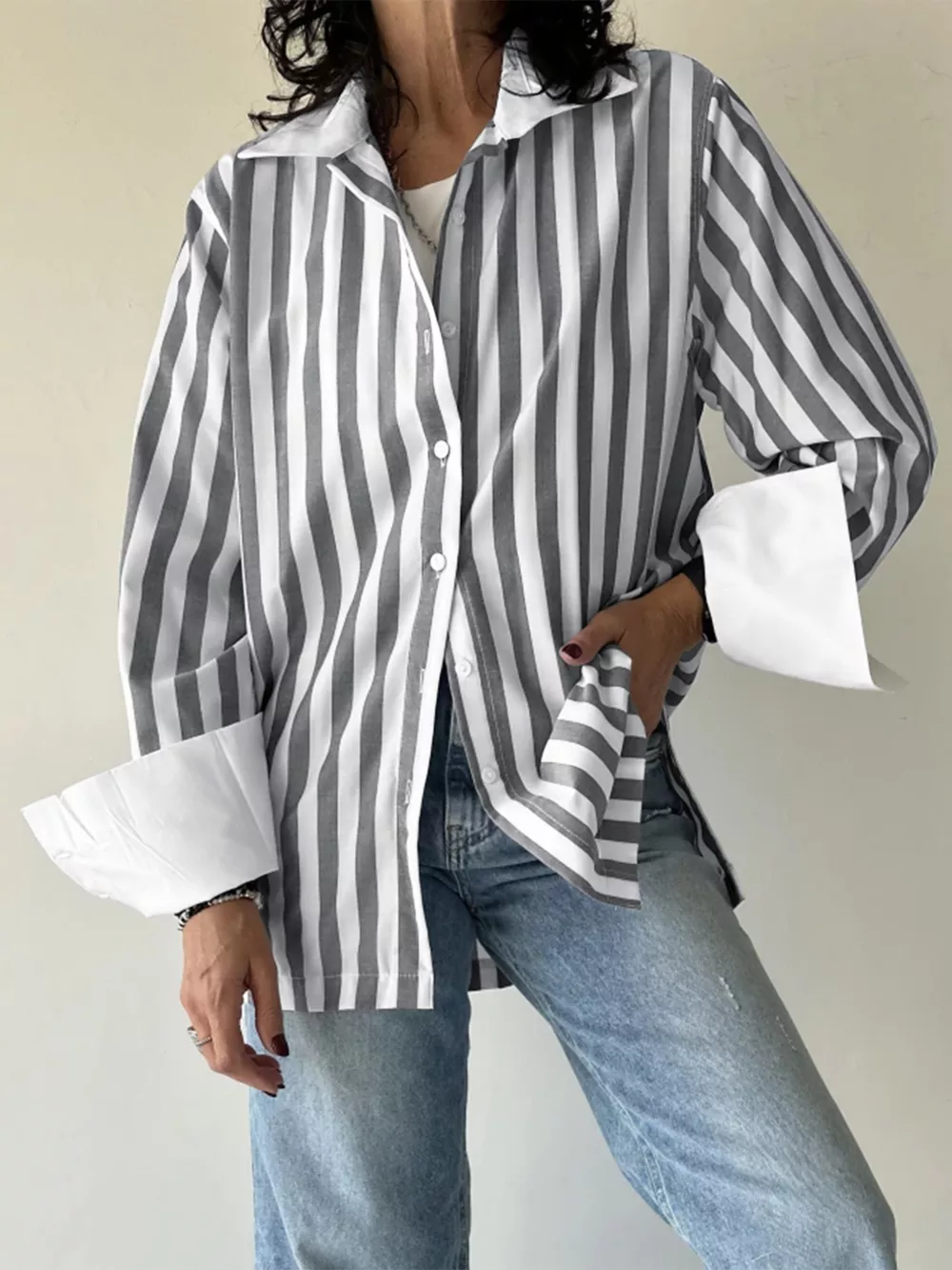 Striped Oversized Button-Up Shirt, image 5