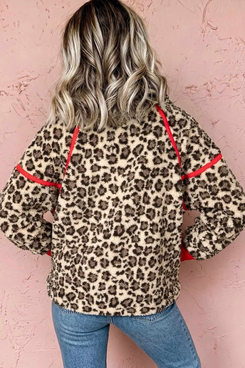Leopard Print Zip-Up Red Accents Pockets Sweatshirt, image 4