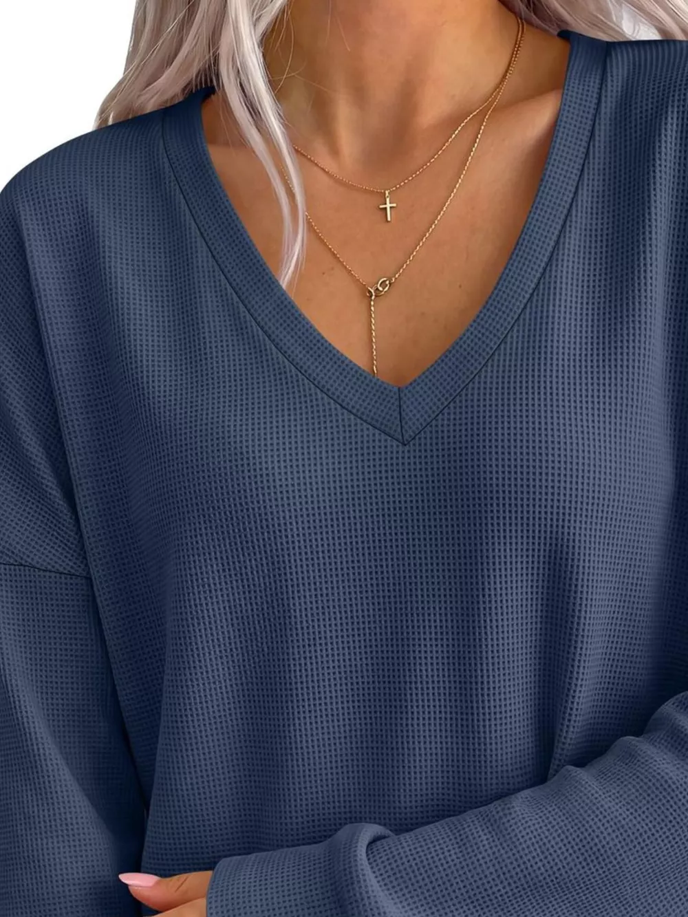 Side Slit Waffle Knit V-Neck T-Shirt, image 8