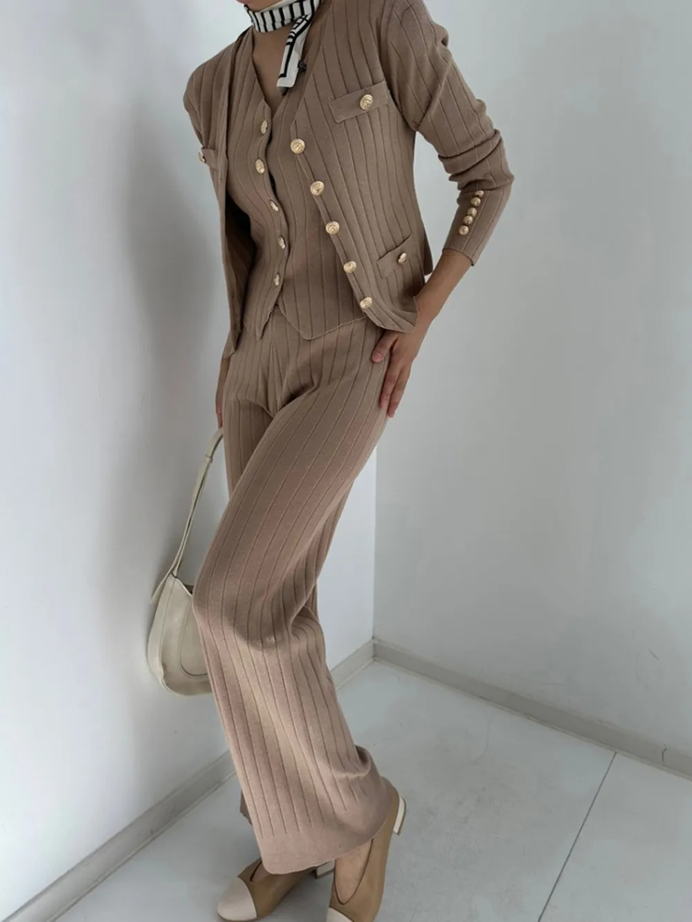 V-Neck Tank, Cardigan and Pants Three-Piece Sweater Set, image 11