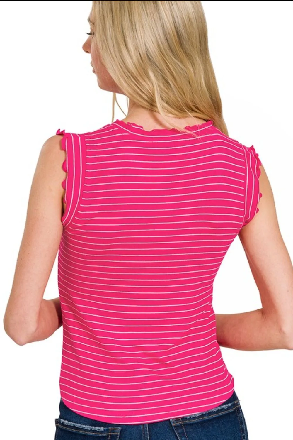 Ribbed Ruffle Trim Sleeveless Stripe Top, image 3
