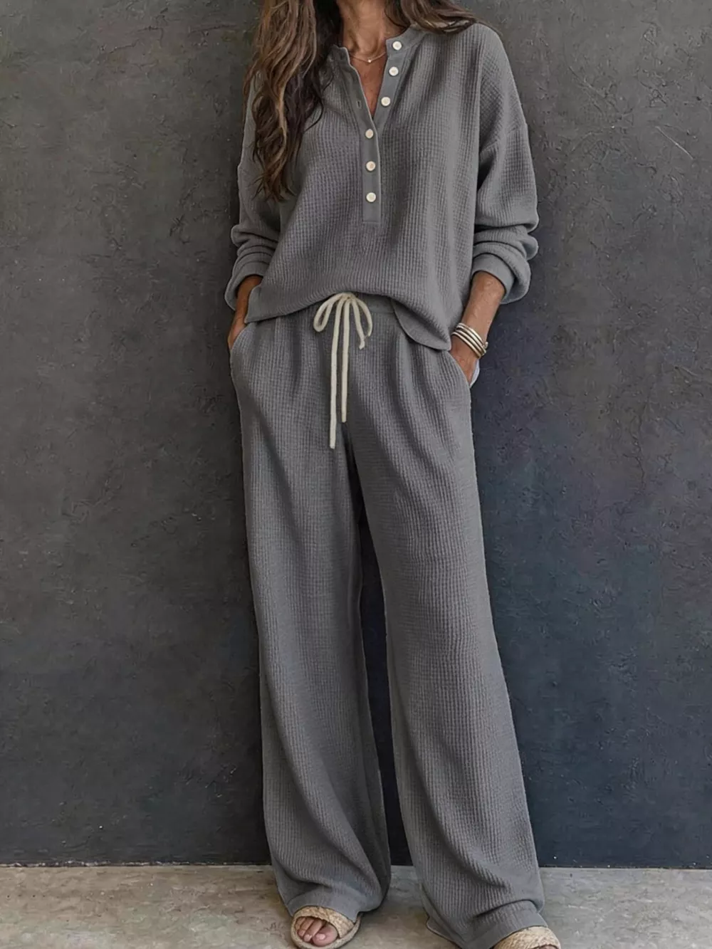 Waffle Knit Henley Top and Wide Leg Pants Set, image 10