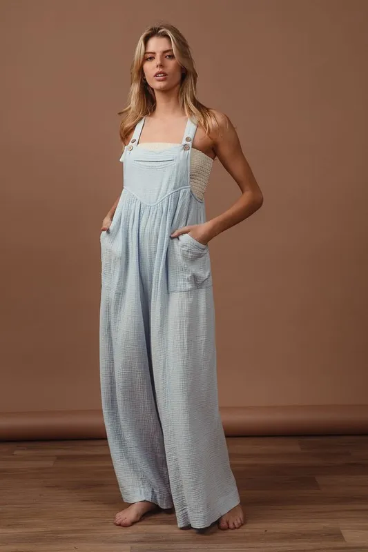Vintage Washed Crinkle Gauze Wide Leg Overalls, image 3
