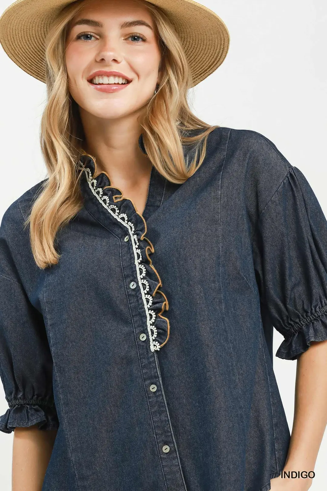 Chambray Scalloped Trim Button Front Blouse, image 4