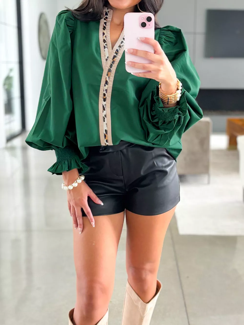 Puffy Flounce Sleeve Leopard Trim V Neck Blouse, image 2