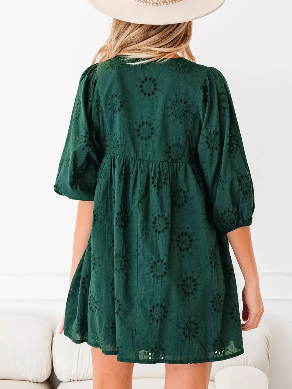 Embroidered Eyelet Pattern 3/4 Puffy Sleeve Swing Mini Dress, image 5