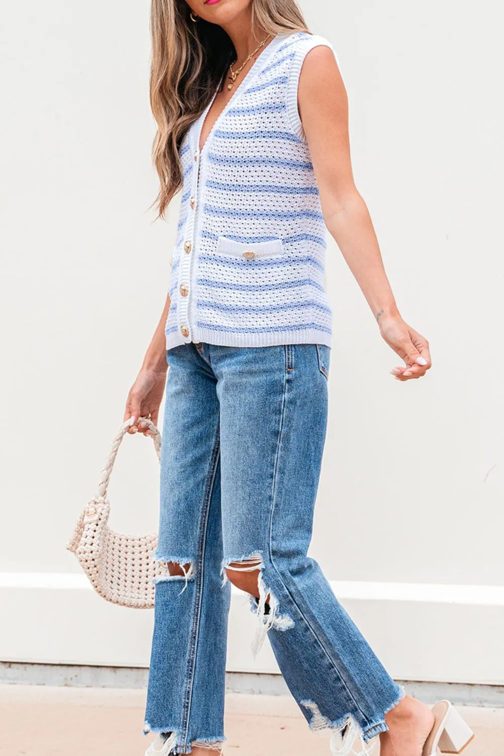 Stripe V Neck Gold Buttons Elegant Sweater Vest, image 8