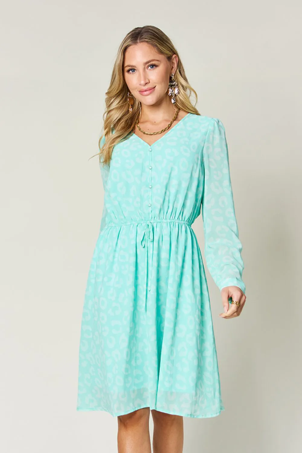 Full Size Printed Ruched V-Neck Long Sleeve Dress