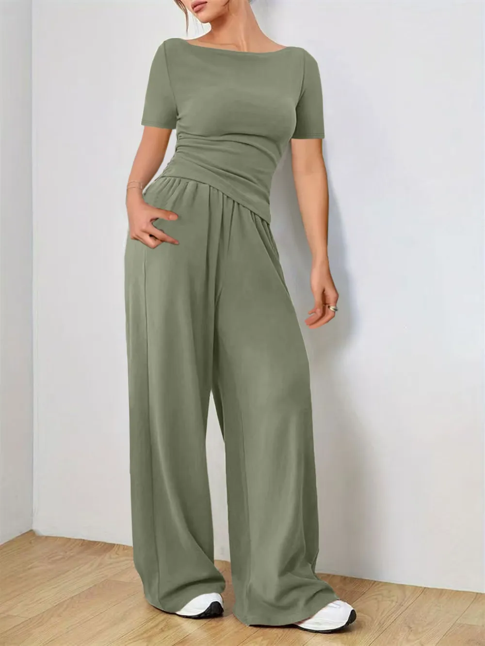 Round Neck Short Sleeve T-Shirt and Pants Set, image 11