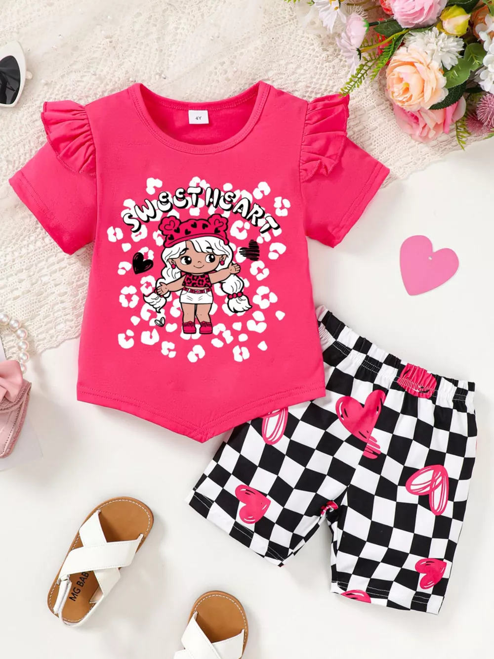 Children's Ruffled Short Sleeve Tee and Checkerboard Shorts Set, image 2