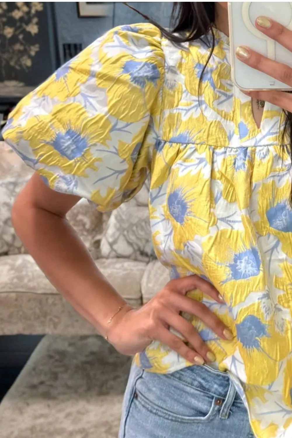 Short Bubble Sleeve Summer Floral Blouse, image 2