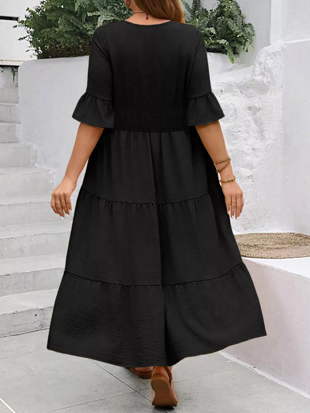 Plus Size Ruffle Sleeves Tiered Midi Dress, image 4