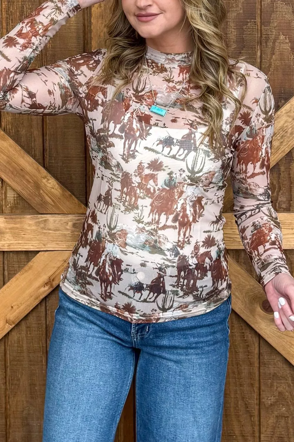 Western Scene Mesh Long Sleeve Top, image 2
