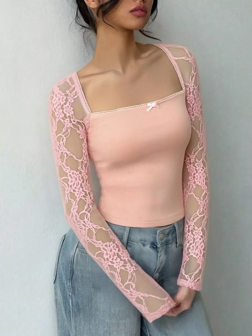 Lace Sleeve Square Neck Top, image 2