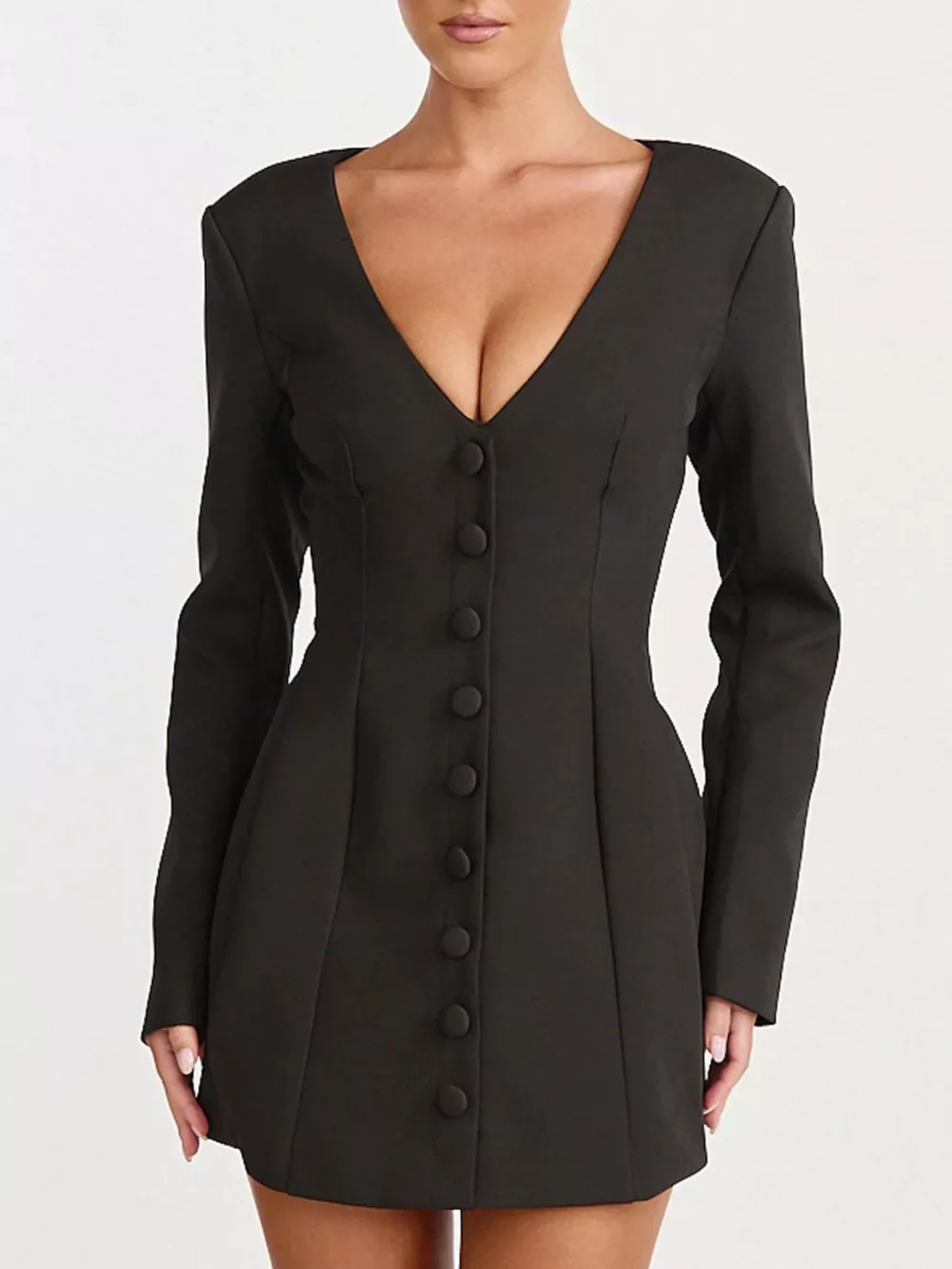Deep V-Neck Button-Down Blazer Dress, image 6
