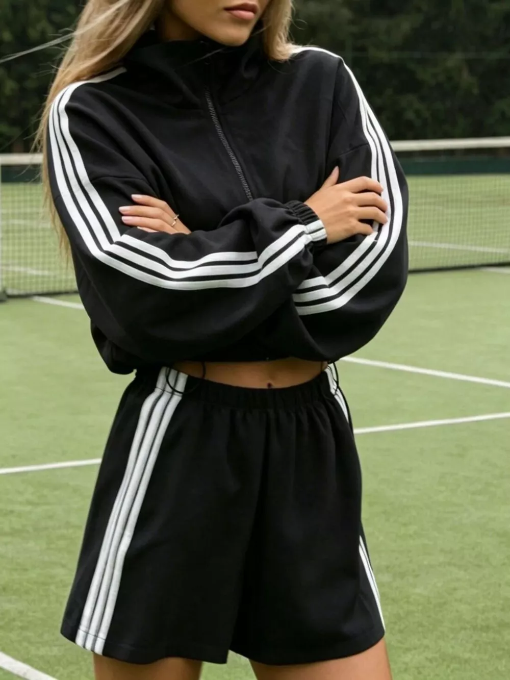Side Stripe Detail Cropped Sporty Jacket and Shorts Set, image 8