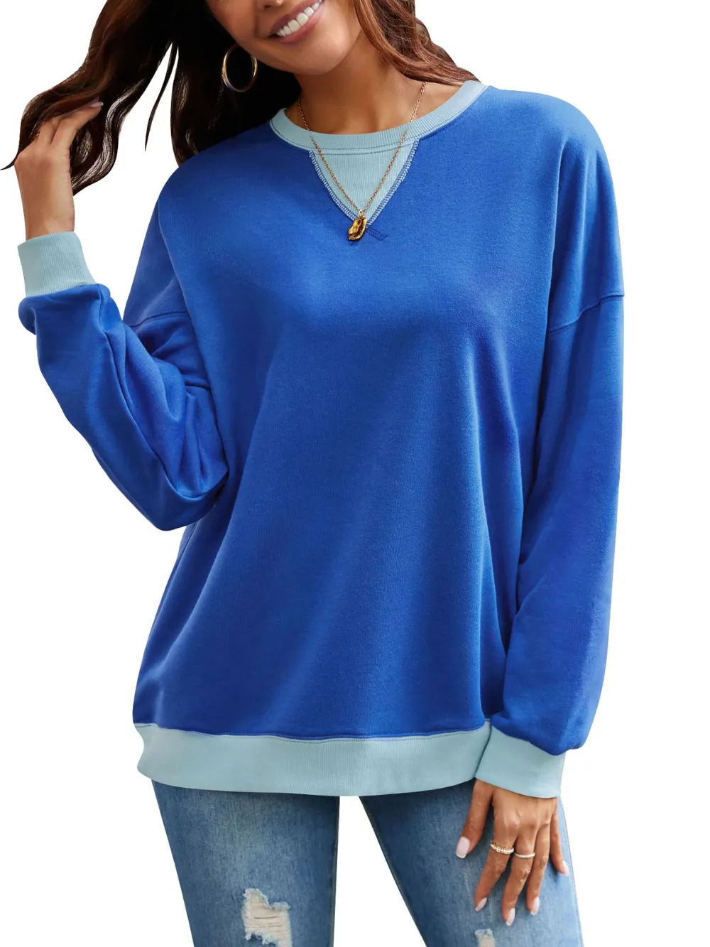 Contrast Round Neck Long Sleeve Sweatshirt, image 35