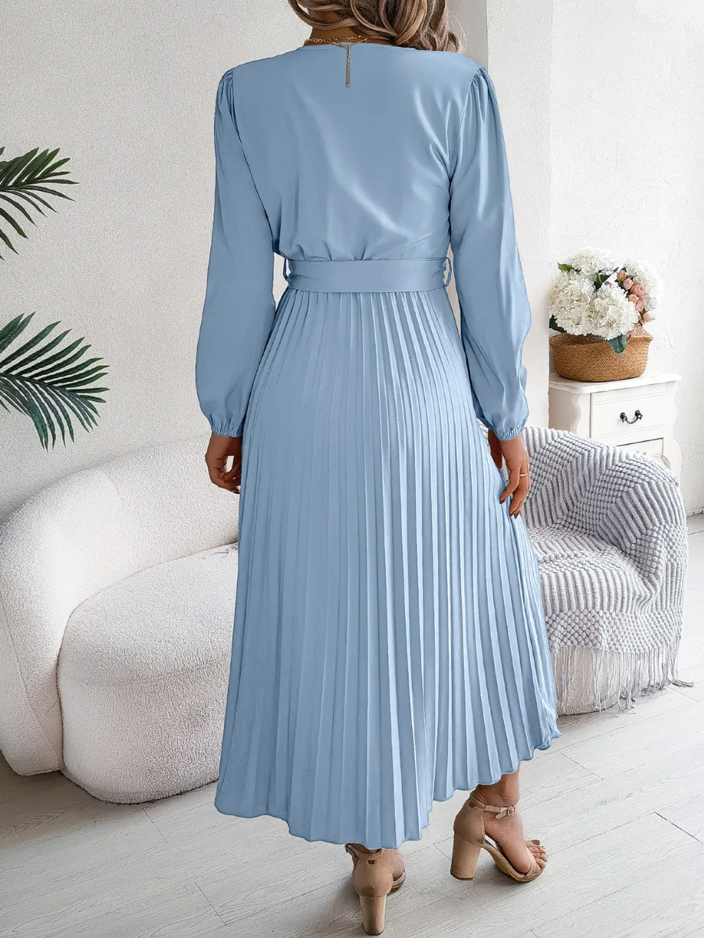 Pleated Tied V-Neck Long Sleeve Dress, image 9