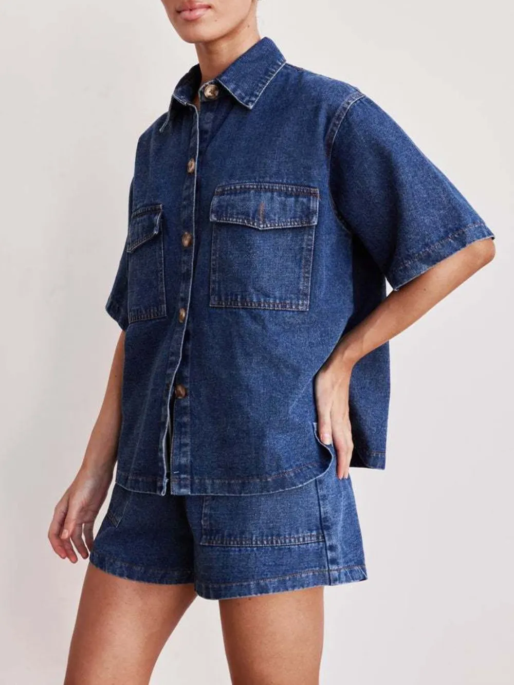 Button Up Short Sleeve Top and Shorts Denim Set, image 8